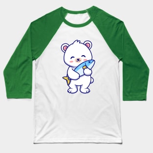 Cute Polar Bear Holding Fish Cartoon Baseball T-Shirt